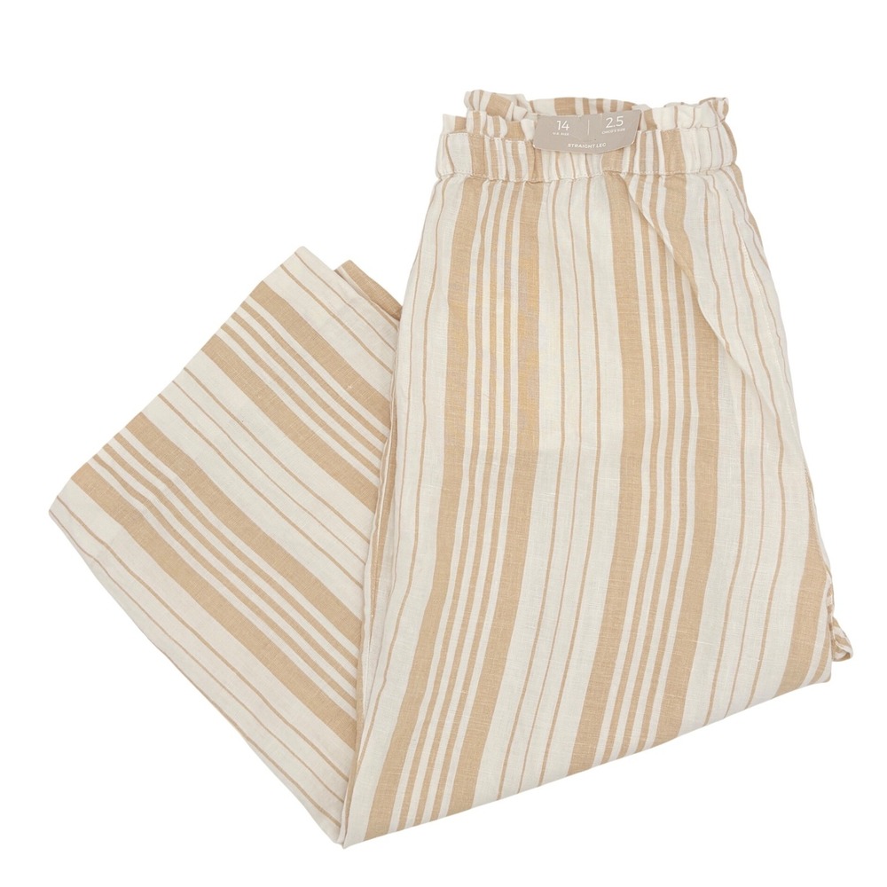 Chico's 100% Linen Striped Straight Leg Pants Tan White Size Chicos‎ 2.5 US 14